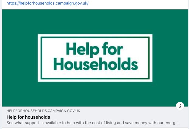 How the ‘Help for Households’ home page link appears on Facebook with an image, title and description. The image appears first, then the link url appears in grey, then the title appears beneath it in black text. A summary appears in grey beneath the title.
