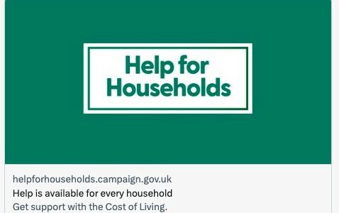 How the ‘Help for Households’ home page link appears on Twitter with an image, title and description. The image appears first, then the link url appears in grey, then the title appears beneath it in black text. A summary appears in grey beneath the title.
